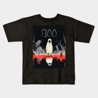 Halloween Boo 2: The White Sheet Ghost with Red Eyes Said "Boo" on a Dark Background Kids T-Shirt